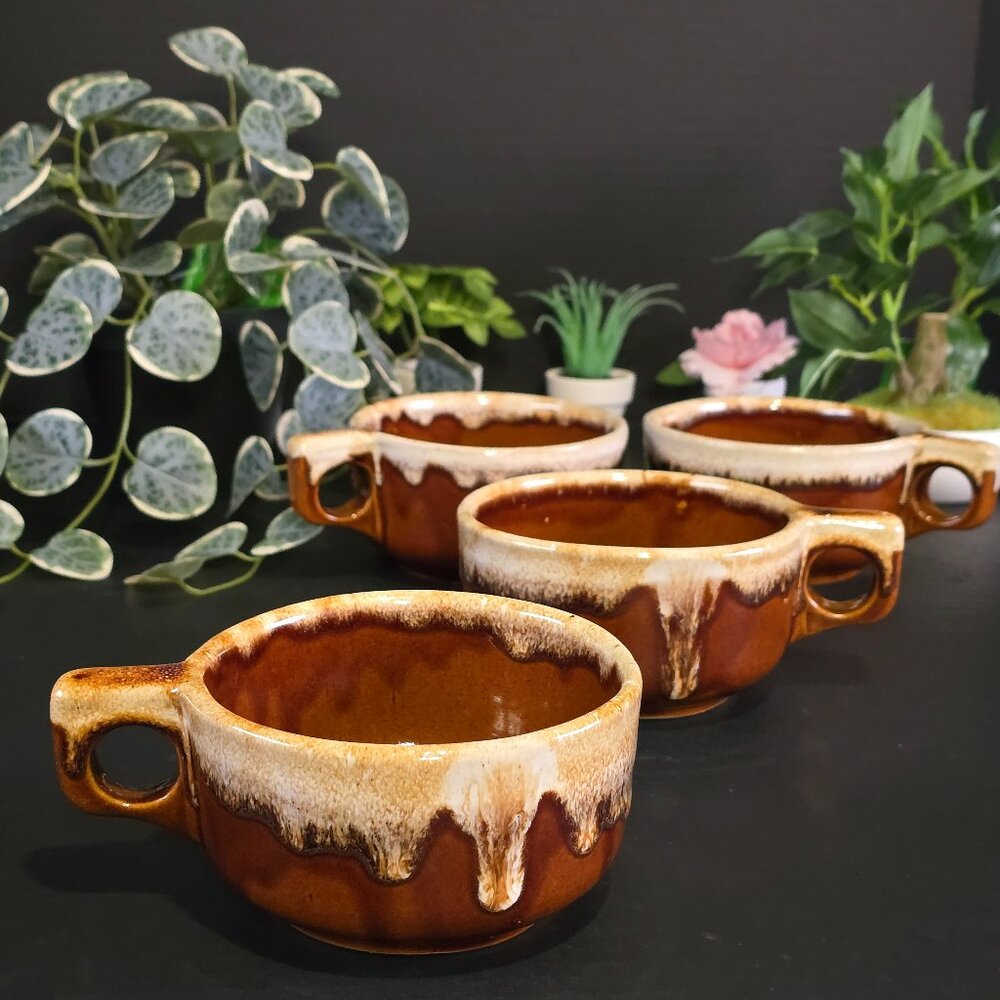 WESTERN STONEWARE (4) Soup Mug Bowl Handle Ceramic Pottery Drip Glaze 4.5"
